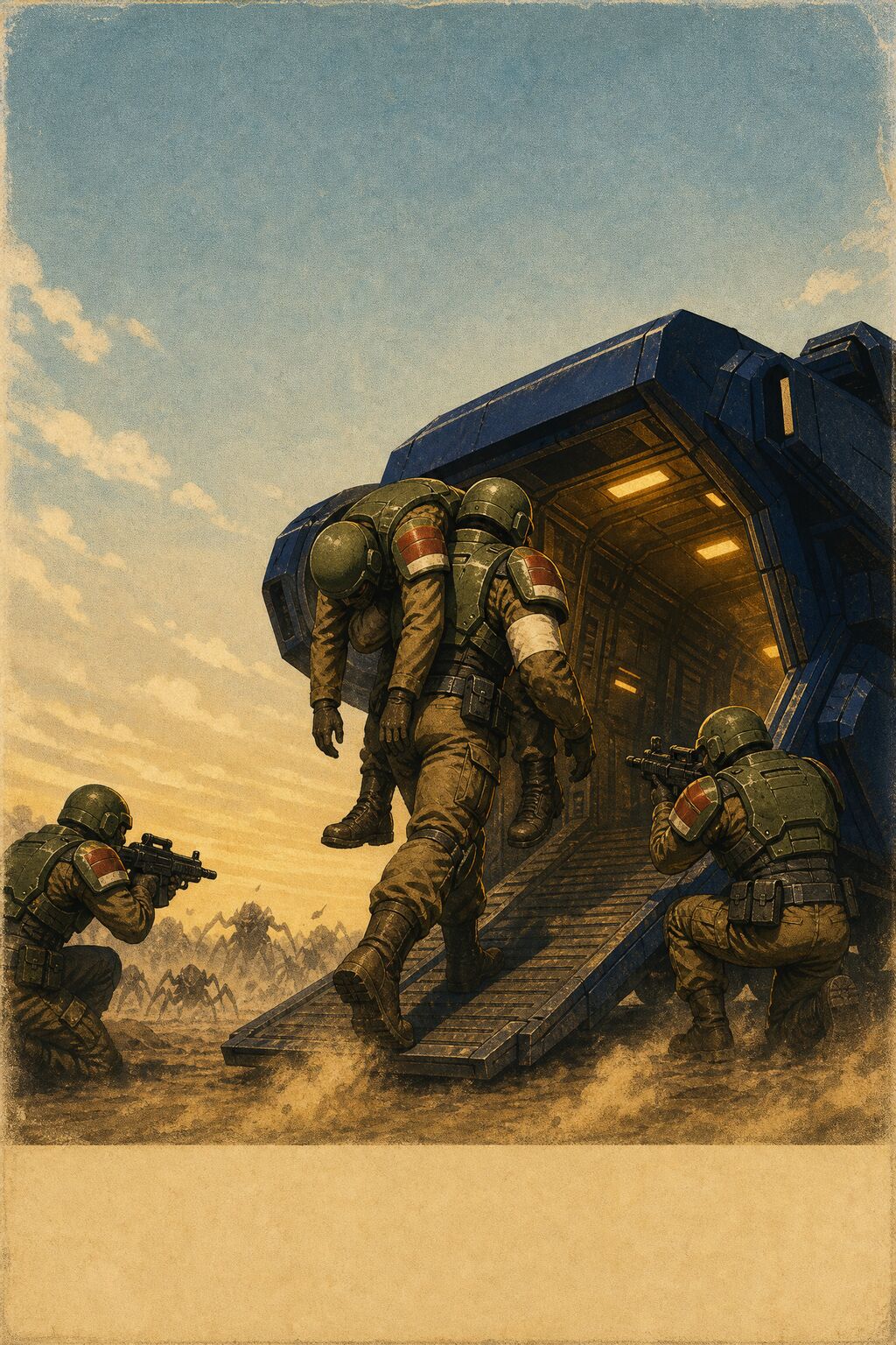 A medic carries a squadmate up a dropship's ramp under cover.