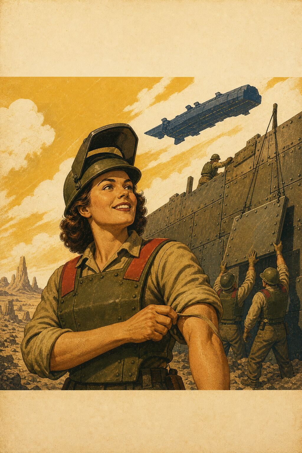 An engineer rolls up her sleeve as soldiers raise an armored wall.