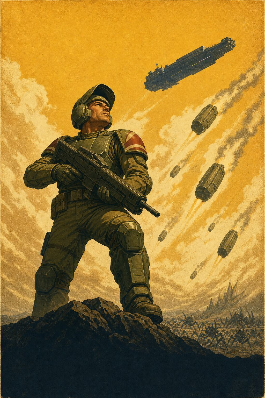 A soldier on a ridge as drop pods fall from a carrier.